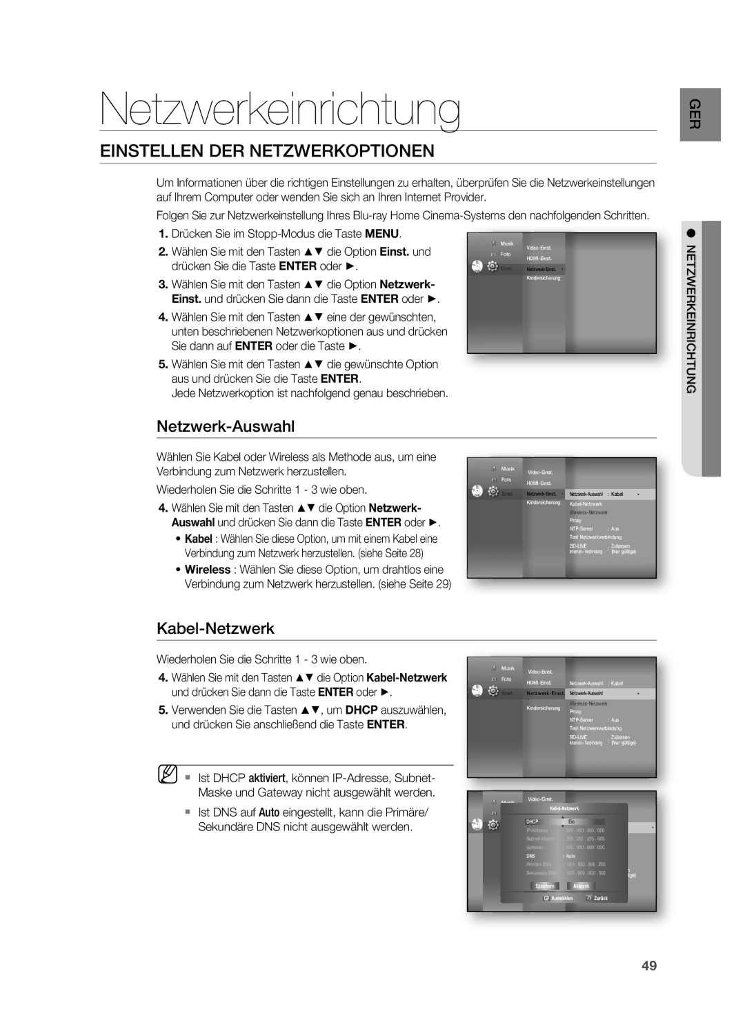 Samsung HT-BD7200R/XEF manual Netzwerkeinrichtung, Einstellen DER Netzwerkoptionen, Netzwerk-Auswahl, Kabel-Netzwerk 