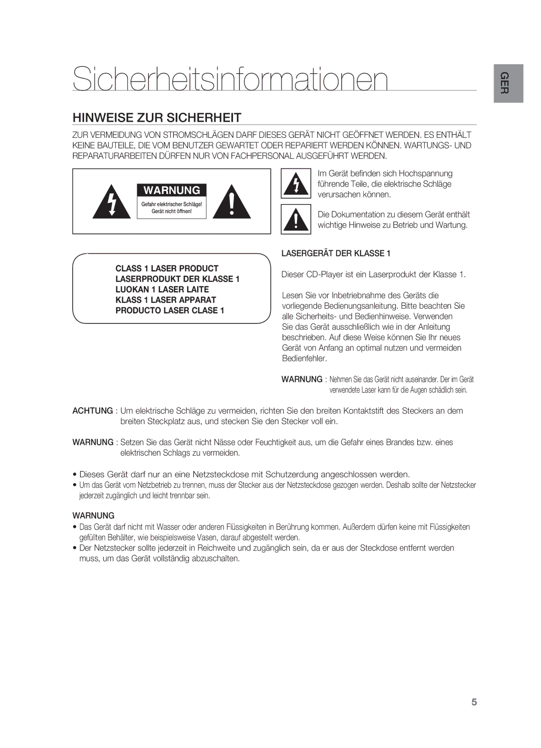 Samsung HT-BD7200R/XEF, HT-BD7200R/EDC Sicherheitsinformationen, Hinweise zur Sicherheit, Lasergerät DER Klasse, Warnung 