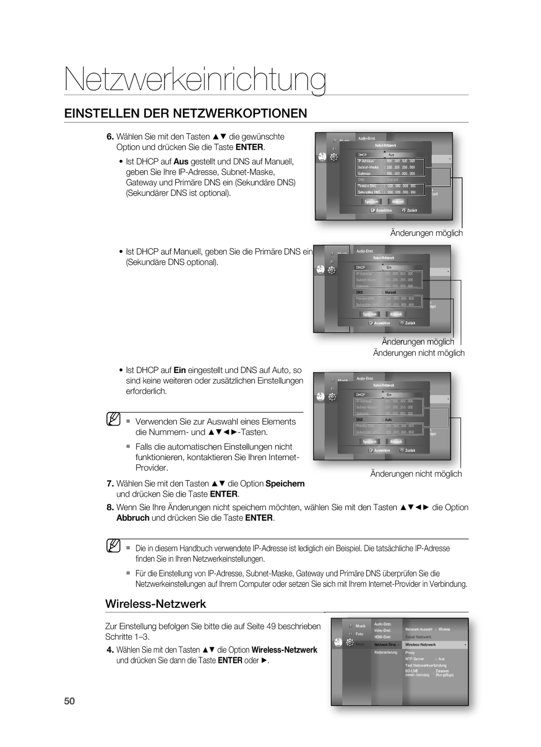 Samsung HT-BD7200R/EDC, HT-BD7200R/XEF manual Wireless-Netzwerk, Änderungen möglich, Nden Sie in Ihren Netzwerkeinstellungen 