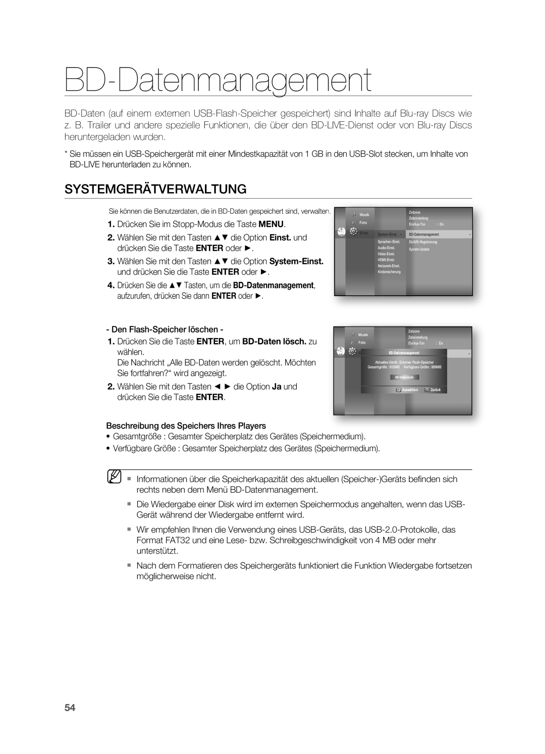 Samsung HT-BD7200R/EDC manual BD-Datenmanagement, Systemgerätverwaltung, HdMi-einst.BD-Daten lösch, Auswählen Zurück 