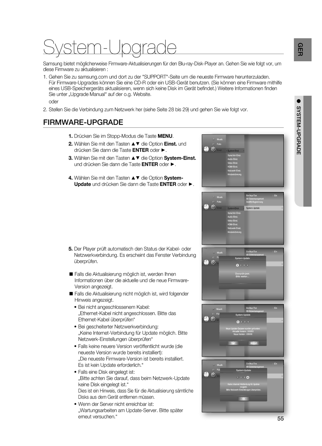 Samsung HT-BD7200R/XEF manual System-Upgrade, Firmware-Upgrade, Wählen Sie mit den Tasten $% die Option Einst. und 