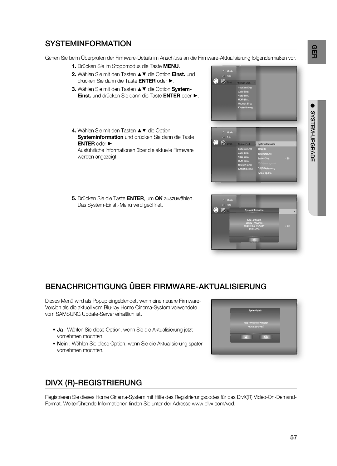 Samsung HT-BD7200R/XEF manual Systeminformation, Benachrichtigung Über FIRMWARE-AKTUALISIERUNG, Divx R-REGISTRIERUNG 