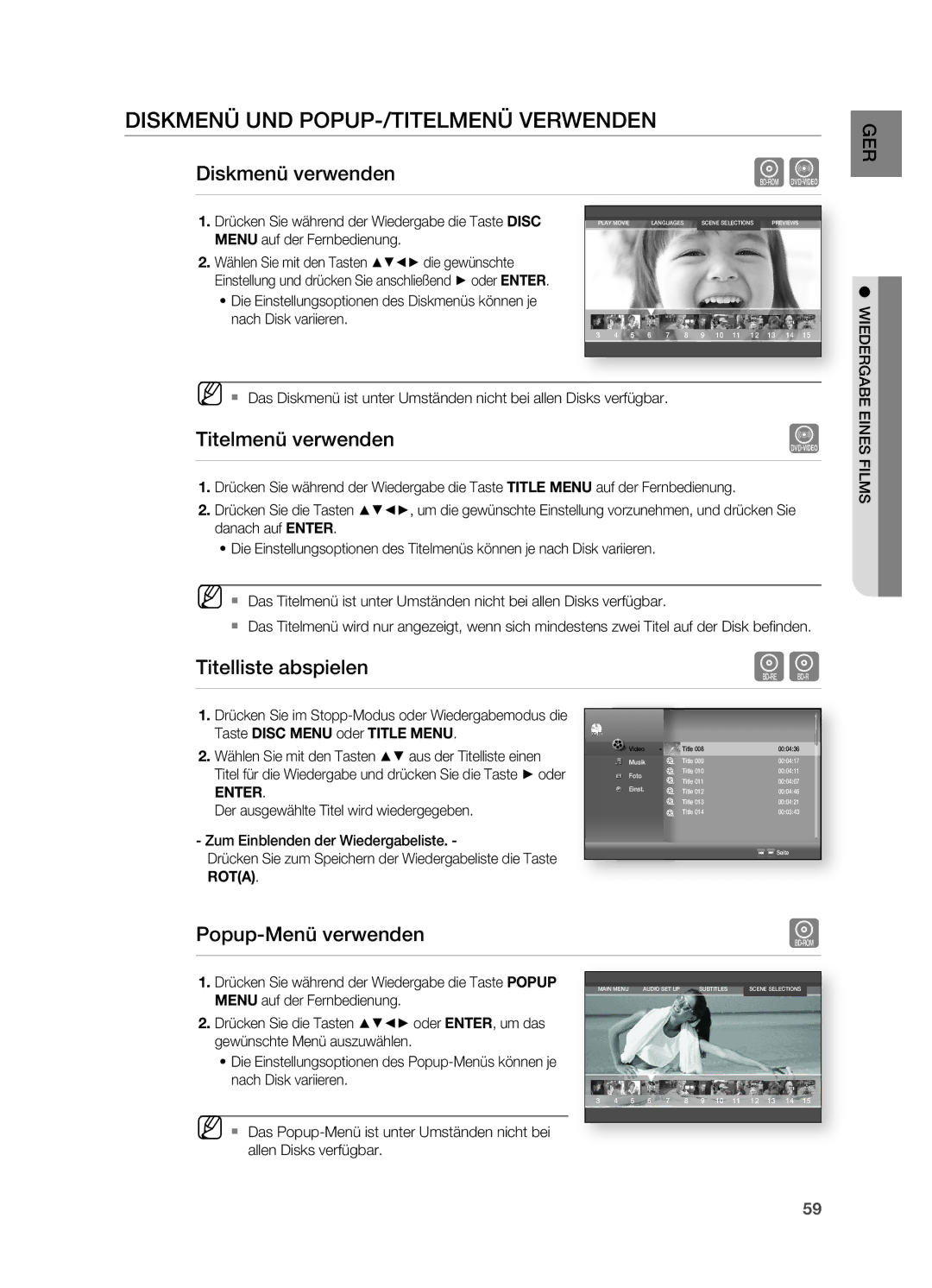 Samsung HT-BD7200R/XEF, HT-BD7200R/EDC DisKmEnü und popup-/TiTElmEnü vERWEndEn, Diskmenü verwenden, Titelmenü verwenden 