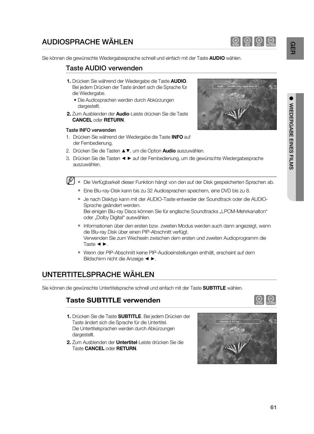 Samsung HT-BD7200R/XEF manual AudiospRaCHE WÄHlEn, UnTERTiTElspRaCHE WÄHlEn, Taste audio verwenden, WiEdERGabE EinEs films 