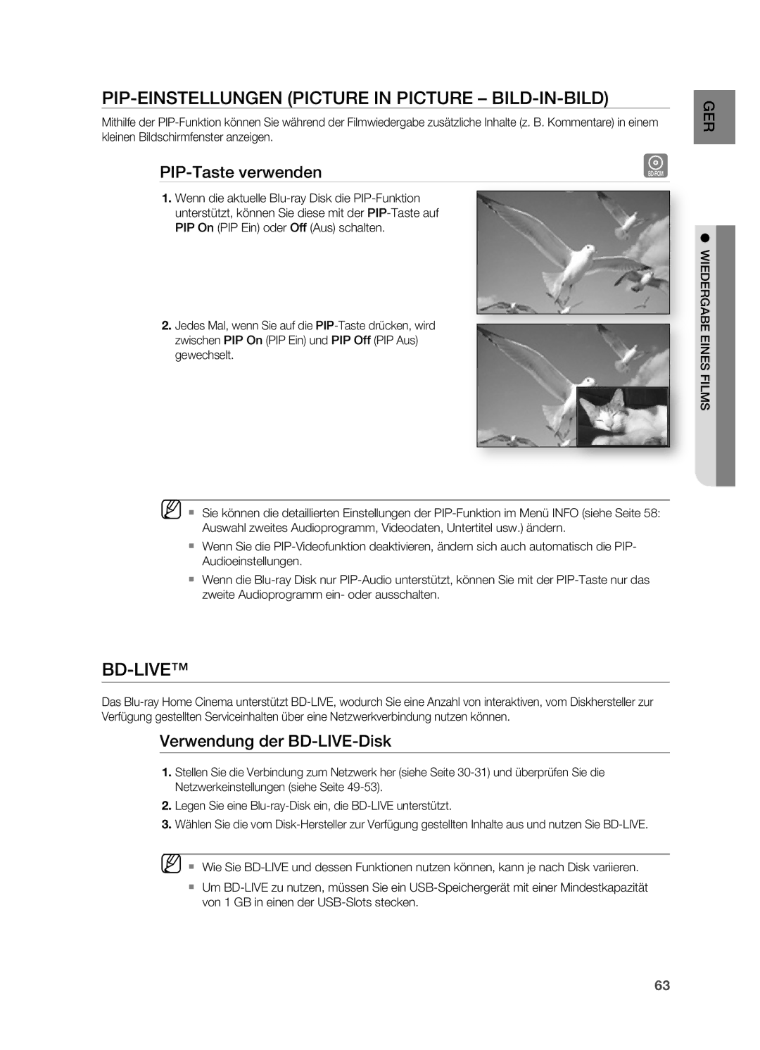 Samsung HT-BD7200R/XEF, HT-BD7200R/EDC Pip-EinsTEllunGEn piCTuRE in piCTuRE bild-in-bild, Bd-livE, Pip-Taste verwenden 