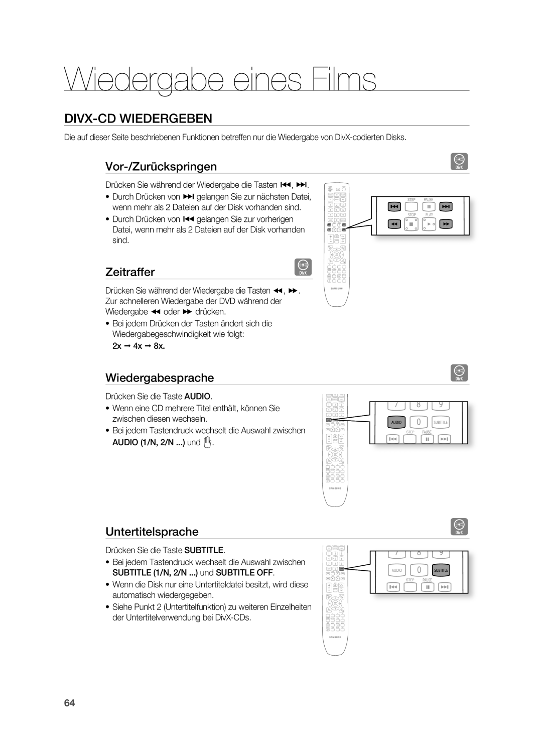 Samsung HT-BD7200R/EDC manual DIVX-CD Wiedergeben, Vor-/Zurückspringen, Zeitraffer, Wiedergabesprache, Untertitelsprache 