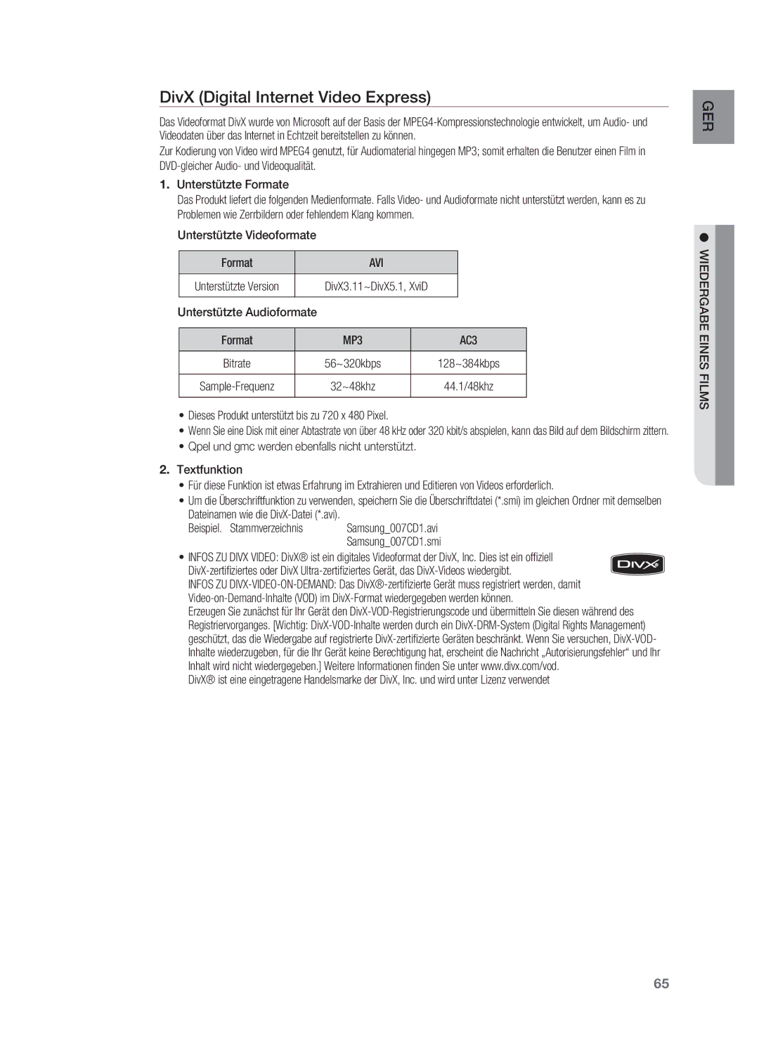 Samsung HT-BD7200R/XEF, HT-BD7200R/EDC manual DivX Digital Internet Video Express, Unterstützte Videoformate Format, Avi 