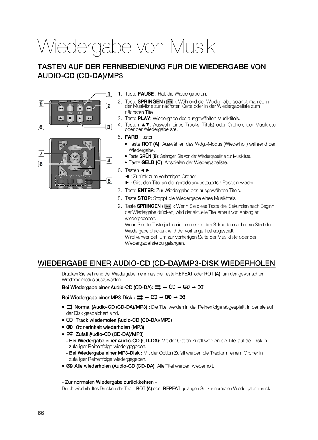 Samsung HT-BD7200R/EDC, HT-BD7200R/XEF manual Wiedergabe von Musik, Wiedergabe Einer AUDIO-CD CD-DA/MP3-DISK Wiederholen 