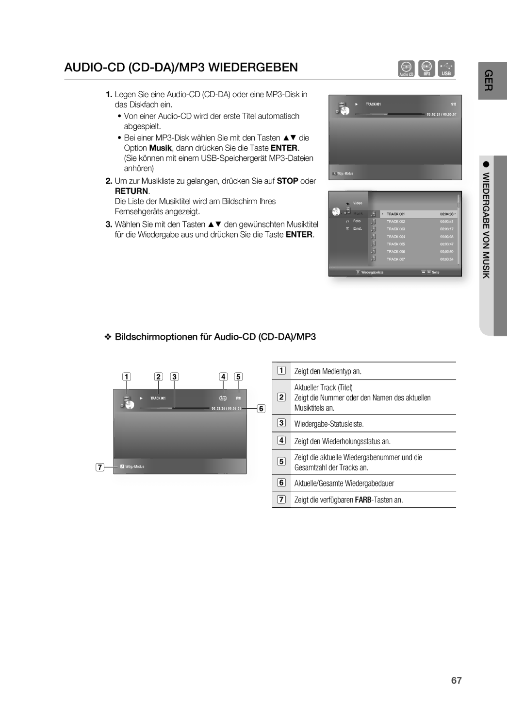 Samsung HT-BD7200R/XEF, HT-BD7200R/EDC manual Audio-Cd Cd-da/mp3 WiEdERGEbEn, Bildschirmoptionen für audio-Cd Cd-da/mp3, Ger 