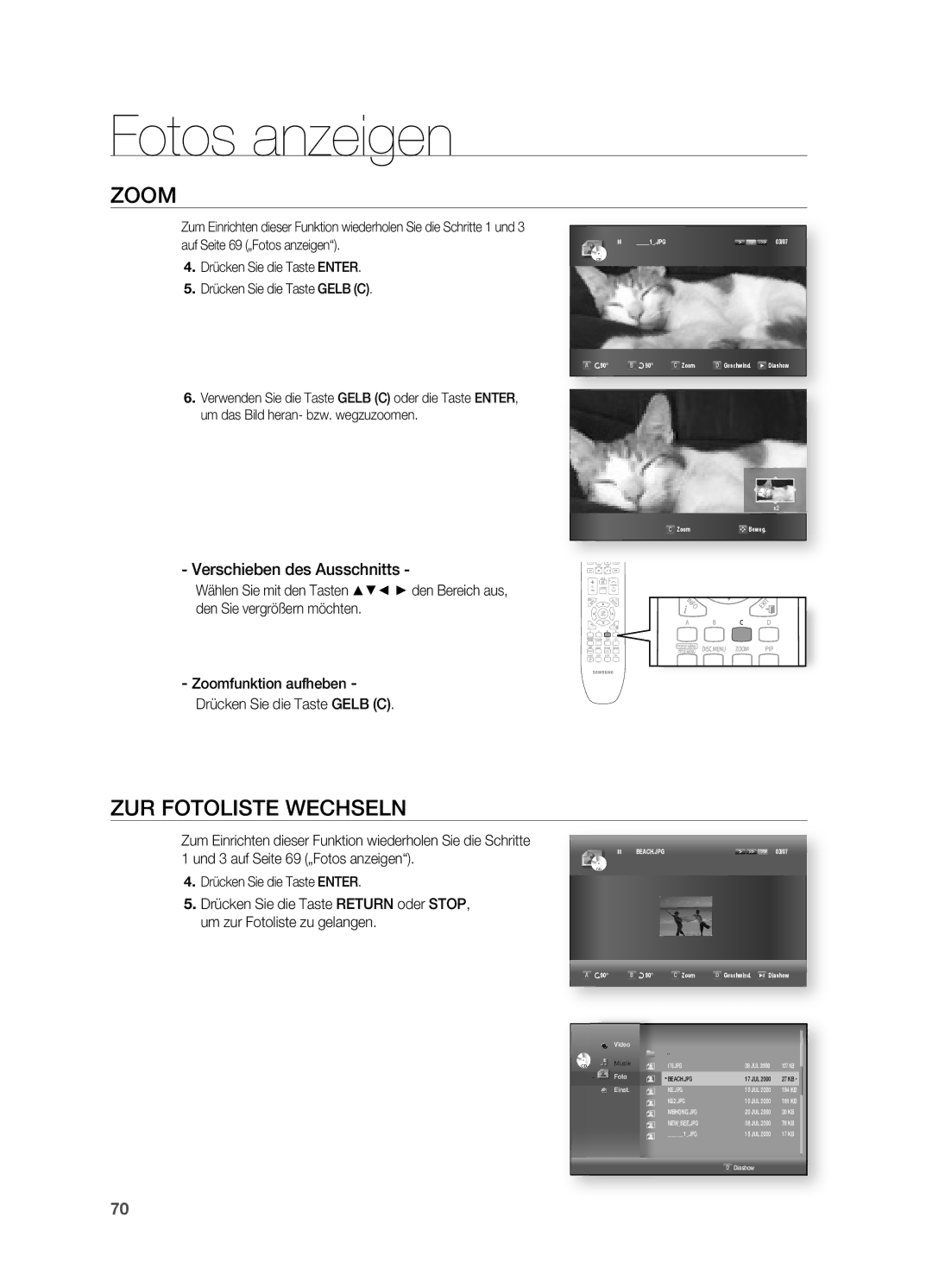 Samsung HT-BD7200R/EDC manual ZuR foTolisTE WECHsEln, Verschieben des ausschnitts, Zoom Beweg, Zoom Geschwind Diashow 