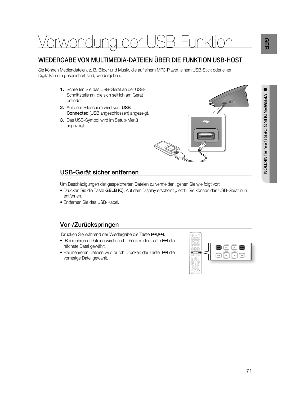 Samsung HT-BD7200R/XEF, HT-BD7200R/EDC Usb-Gerät sicher entfernen, Befi ndet, Das USB-Symbol wird im Setup-Menü angezeigt 