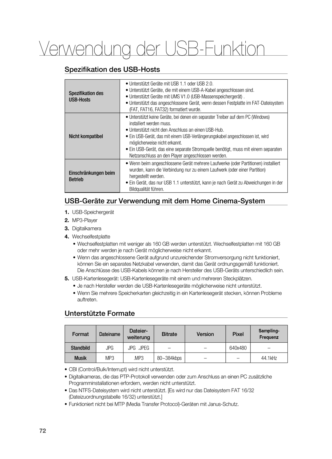 Samsung HT-BD7200R/EDC, HT-BD7200R/XEF manual Verwendung der USB-Funktion, Spezifikation des USB-Hosts, Unterstützte Formate 