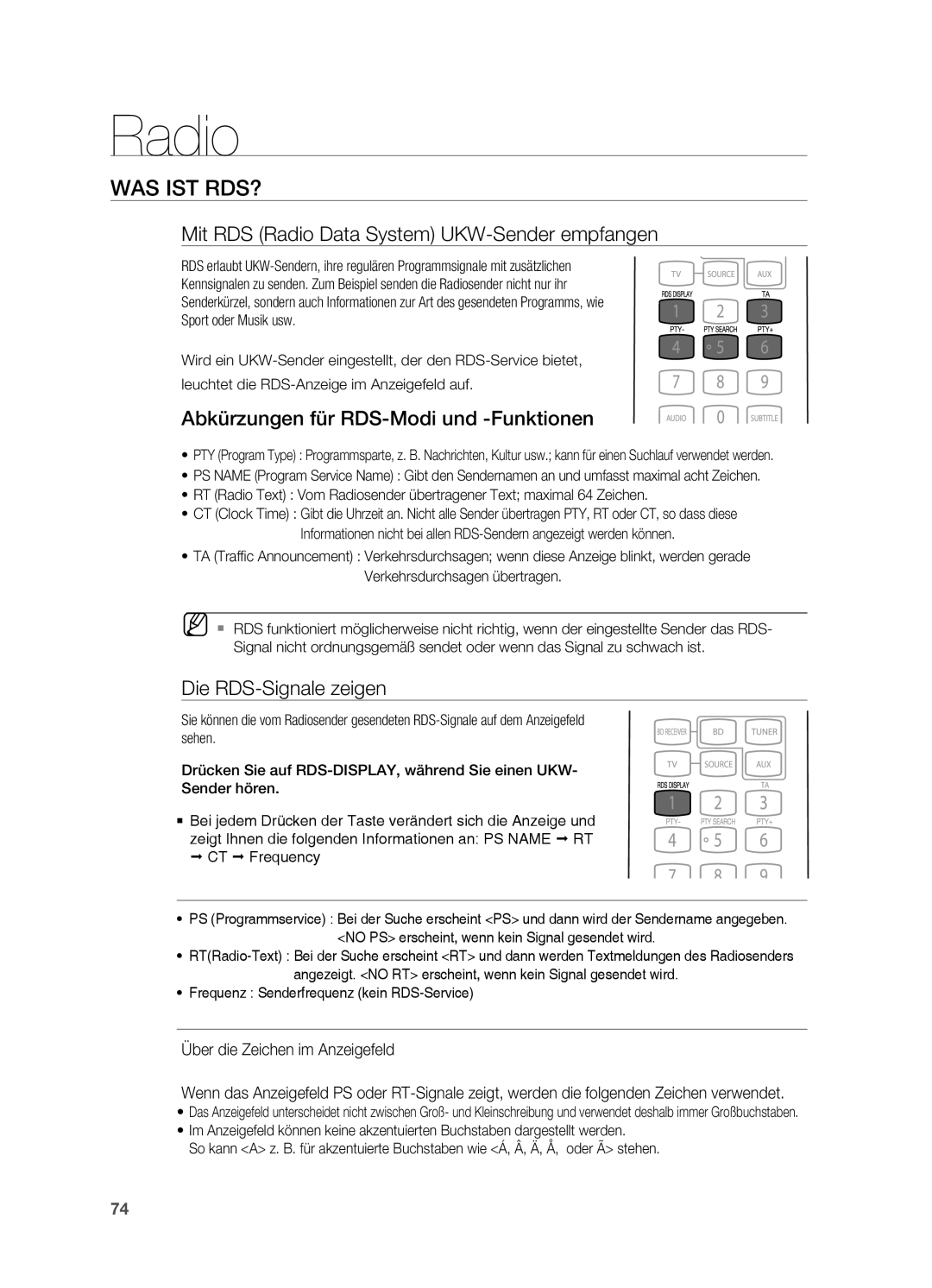 Samsung HT-BD7200R/EDC manual Was ist RDS?, Mit RDS Radio Data System UKW-Sender empfangen, Die RDS-Signale zeigen 