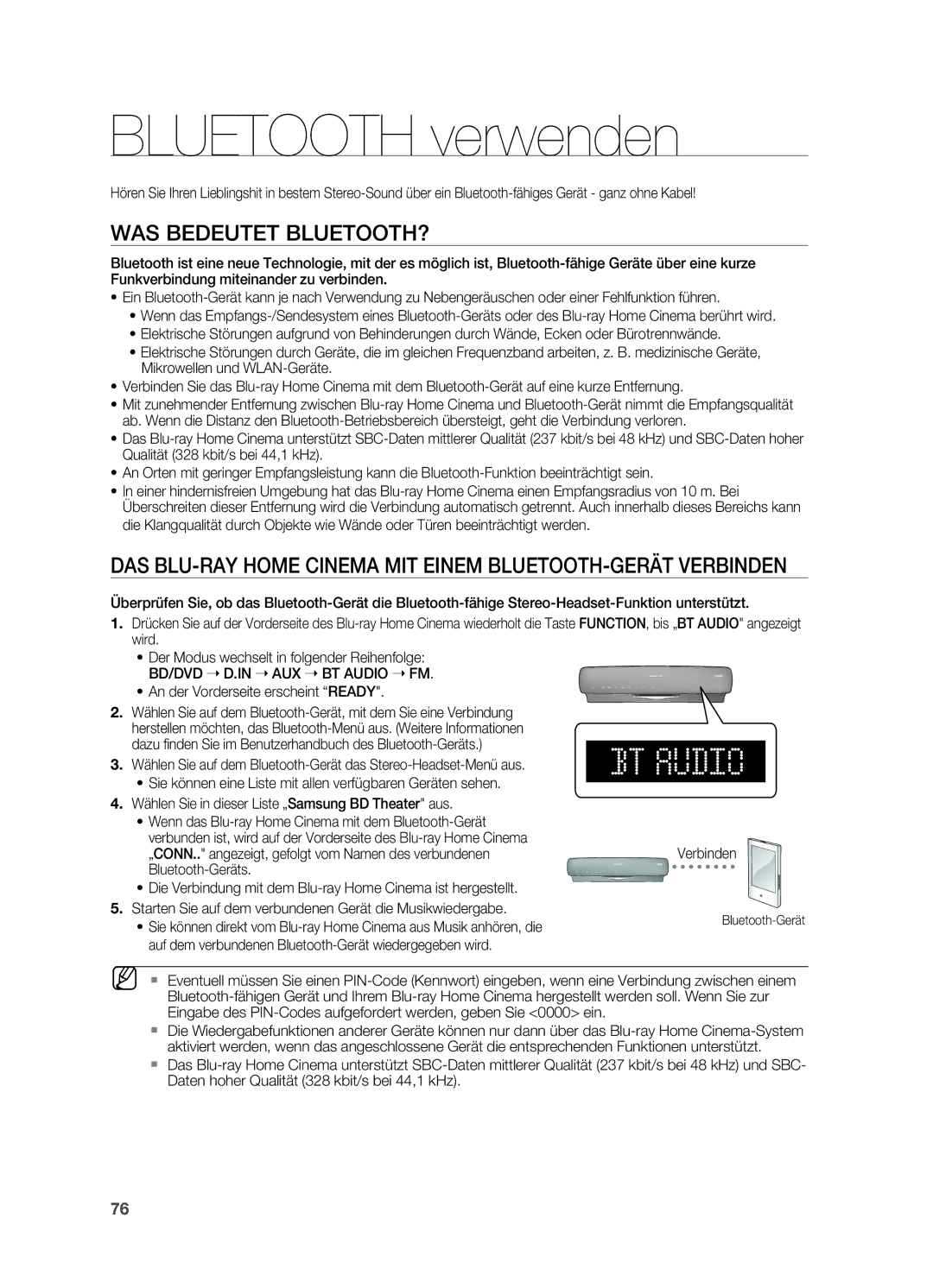 Samsung HT-BD7200R/EDC manual Bluetooth verwenden, WAS Bedeutet BLUETOOTH?, An der Vorderseite erscheint Ready, Verbinden 