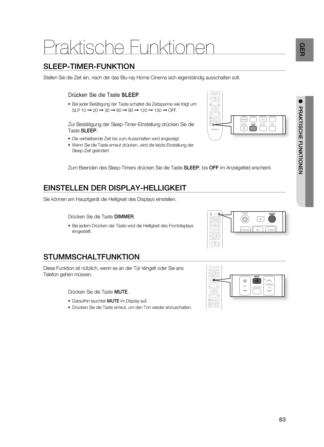 Samsung HT-BD7200R/XEF Praktische Funktionen, SlEEP-TImER-FunkTIOn, EInSTEllEn dER dISPlAY-hEllIGkEIT, STummSchAlTFunkTIOn 