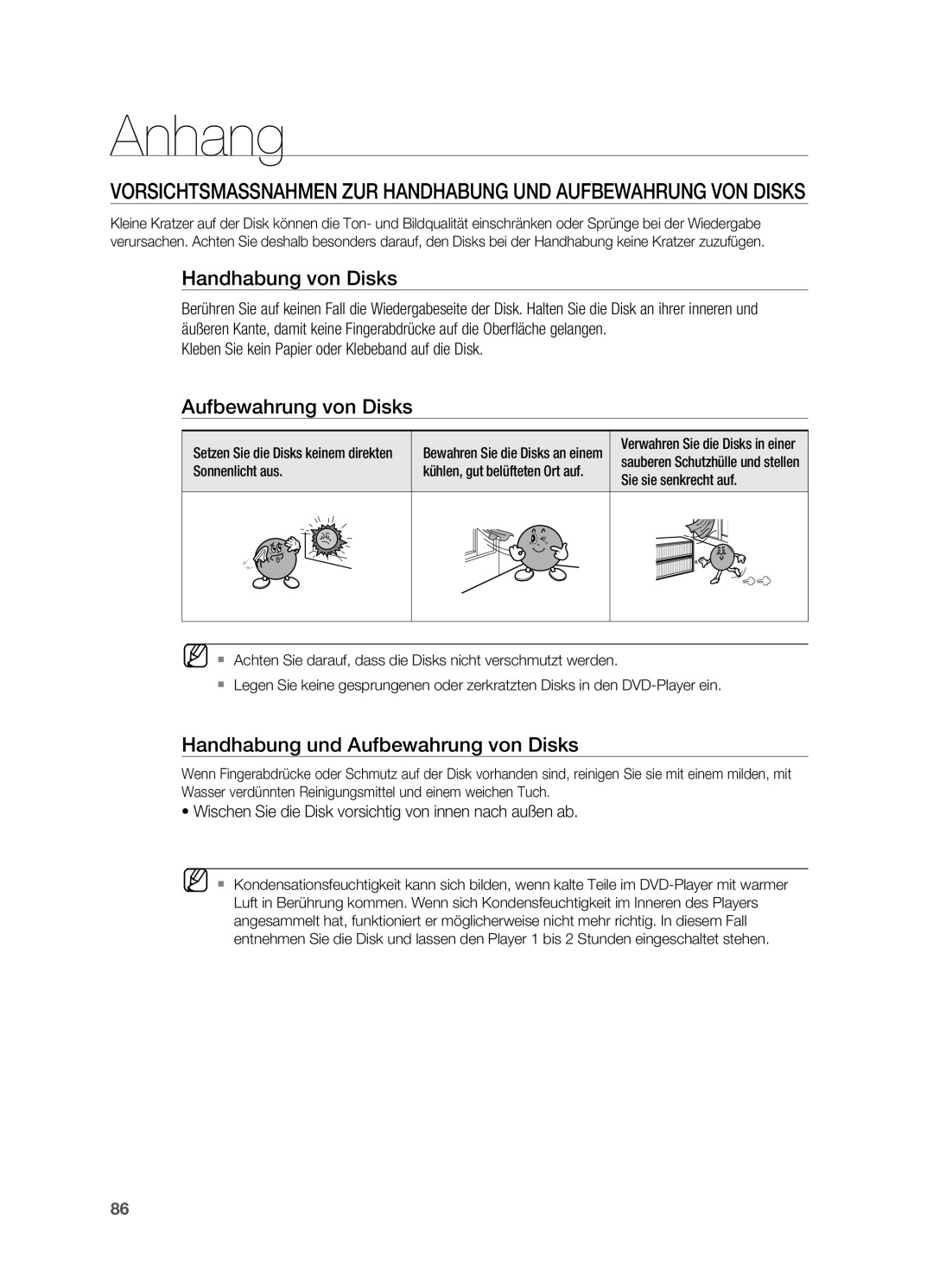 Samsung HT-BD7200R/EDC, HT-BD7200R/XEF manual Anhang, Handhabung von Disks, Handhabung und Aufbewahrung von Disks 