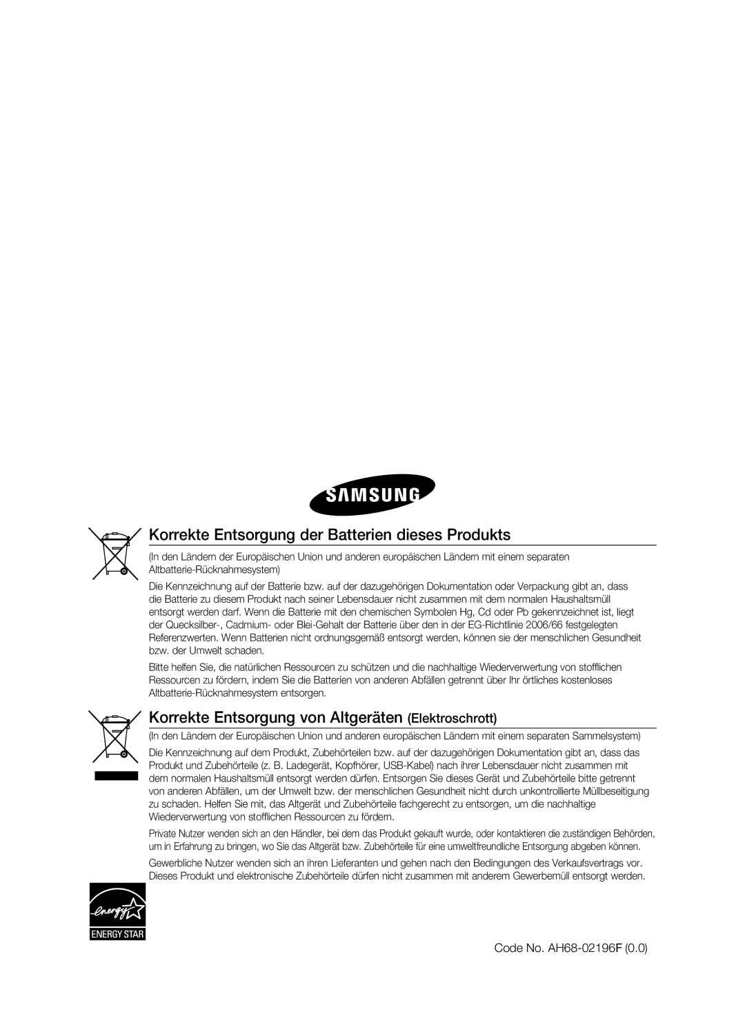 Samsung HT-BD7200R/XEF, HT-BD7200R/EDC manual Korrekte Entsorgung der Batterien dieses Produkts, Code No. AH68-02196F 