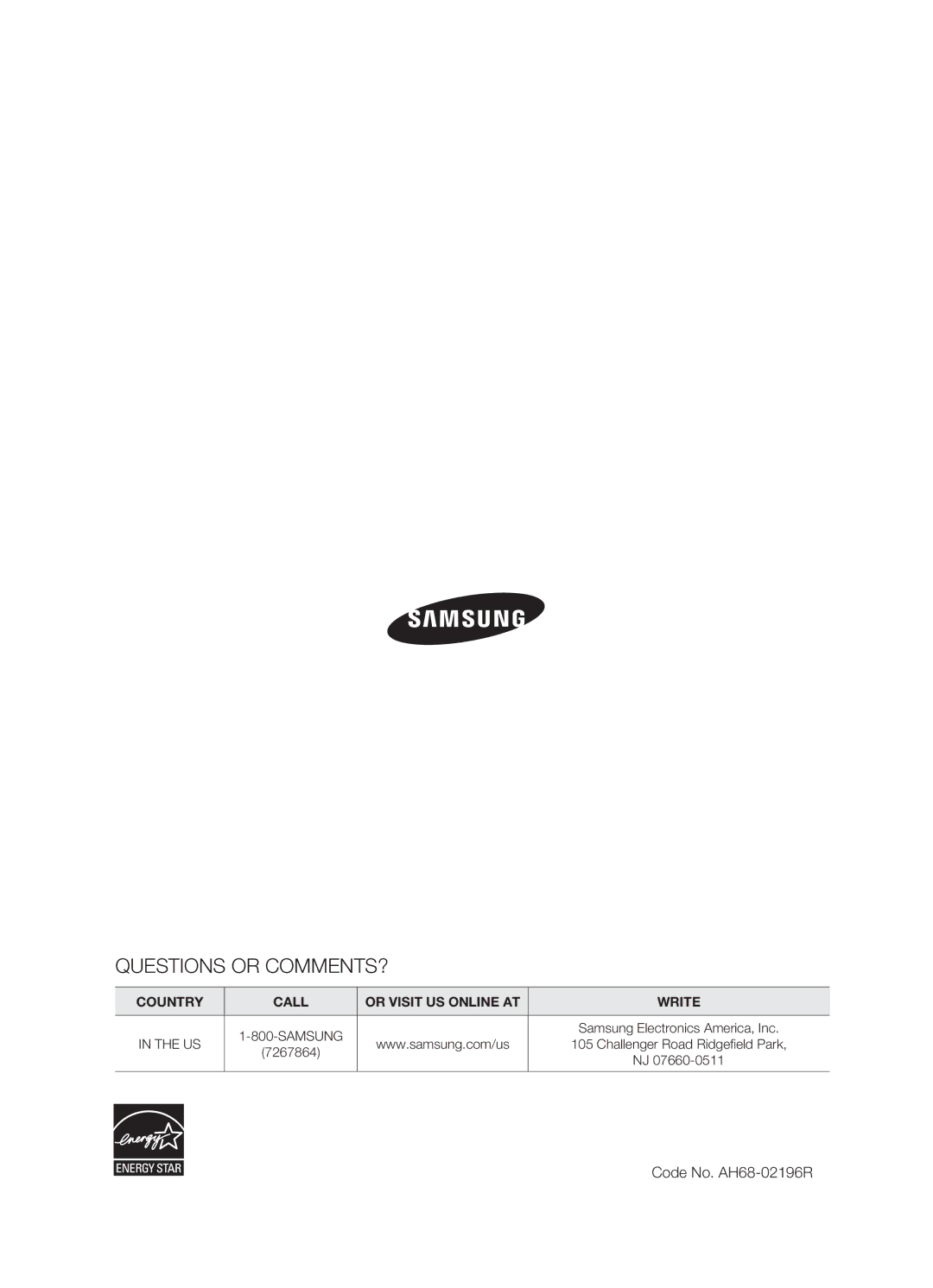 Samsung HT-BD7200T/XAA, HT-BD7200R/EDC, HT-BD7200R/XEE manual Questions or COMMENTS?, Code No. AH68-02196R 