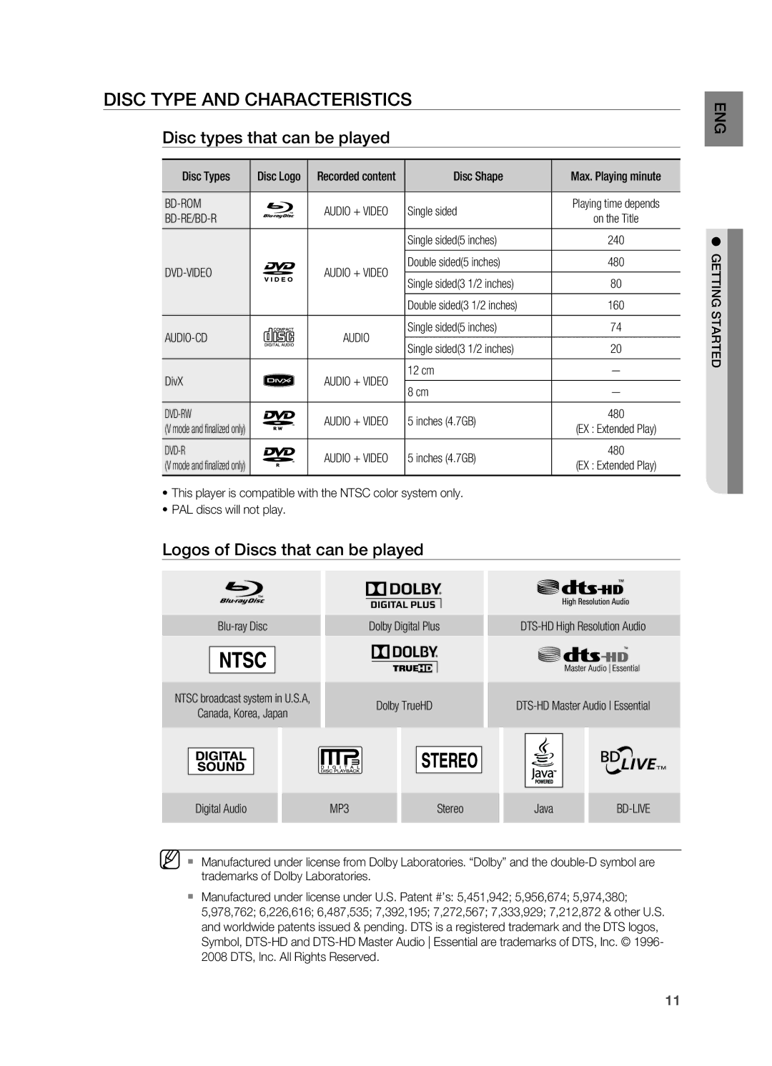 Samsung HT-BD7200R/XEE Disc Type and Characteristics, Disc types that can be played, Logos of Discs that can be played 