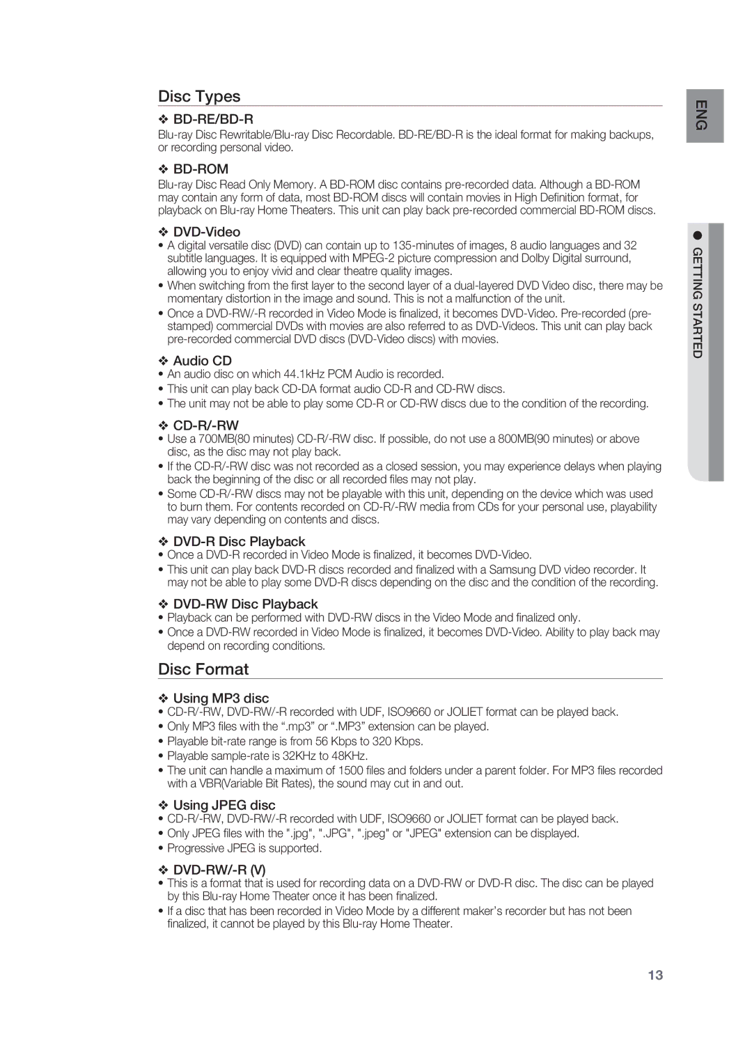 Samsung HT-BD7200T/XAA, HT-BD7200R/EDC, HT-BD7200R/XEE manual Disc Types, Disc Format, Getting Started 