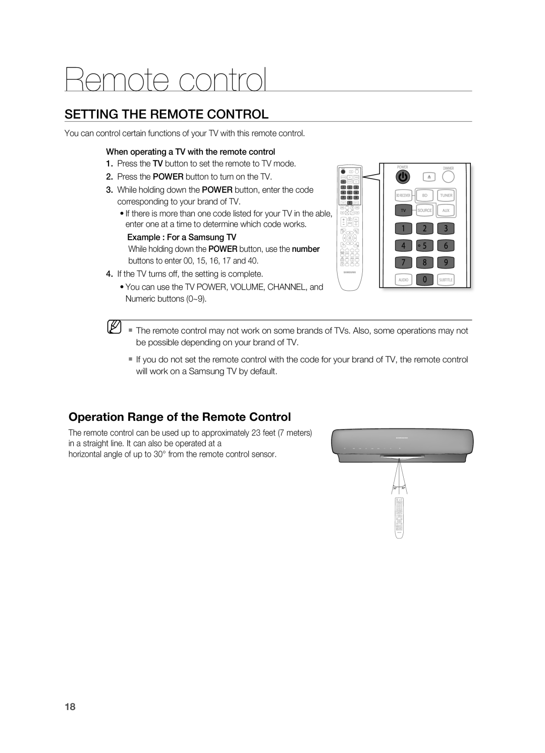 Samsung HT-BD7200R/EDC, HT-BD7200T/XAA, HT-BD7200R/XEE Setting the Remote Control, Operation Range of the Remote Control 