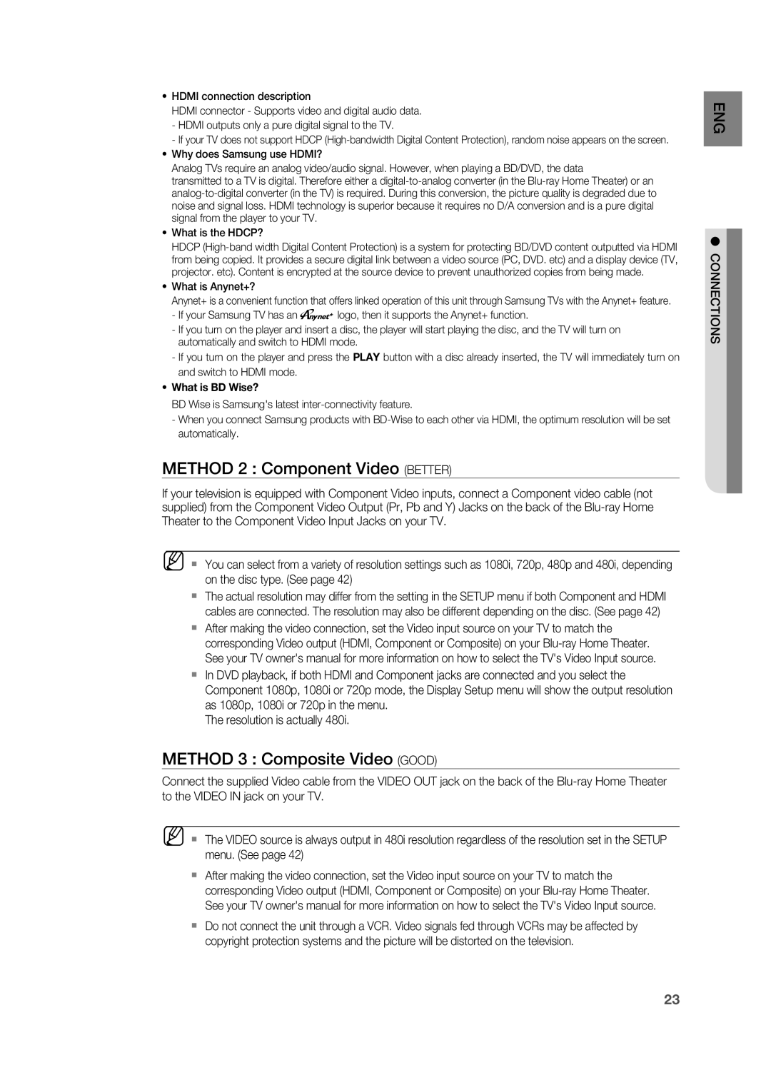 Samsung HT-BD7200R/XEE, HT-BD7200R/EDC manual Method 2 Component Video Better, Method 3 Composite Video Good, Connections 