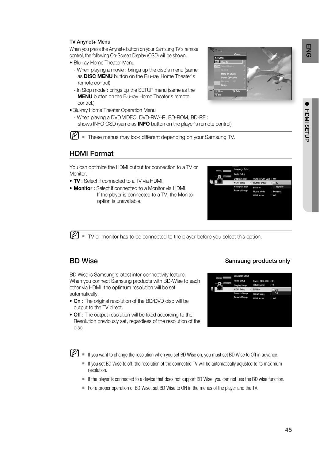 Samsung HT-BD7200R/EDC manual Hdmi Format, BD Wise, TV Anynet+ Menu, When playing a DVD VIDEO, DVD-RW/-R, BD-ROM, BD-RE 