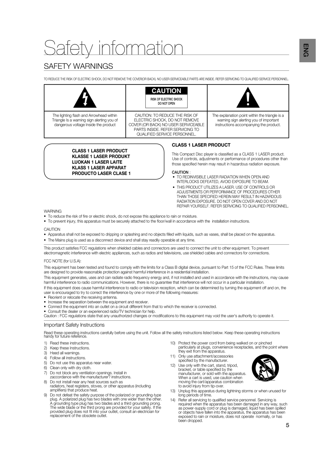 Samsung HT-BD7200R/XEE, HT-BD7200R/EDC, HT-BD7200T/XAA Safety information, Safety Warnings, Important Safety Instructions 