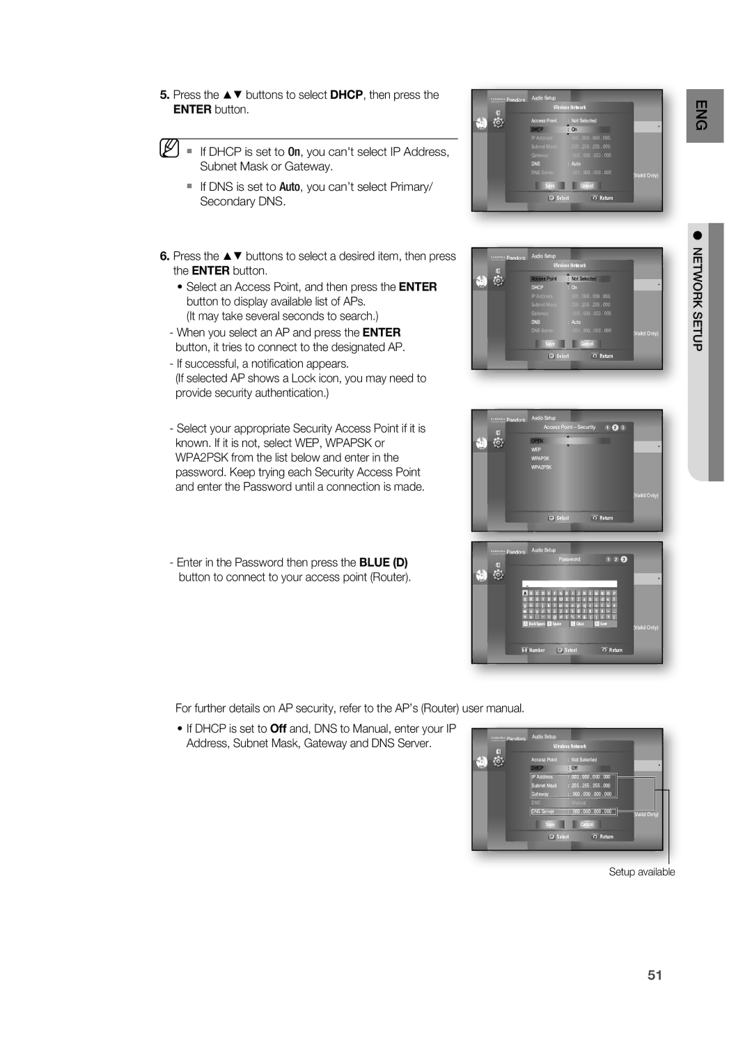 Samsung HT-BD7200R/EDC, HT-BD7200T/XAA, HT-BD7200R/XEE manual NetWoRK Setup, Display SetupWireless Network 