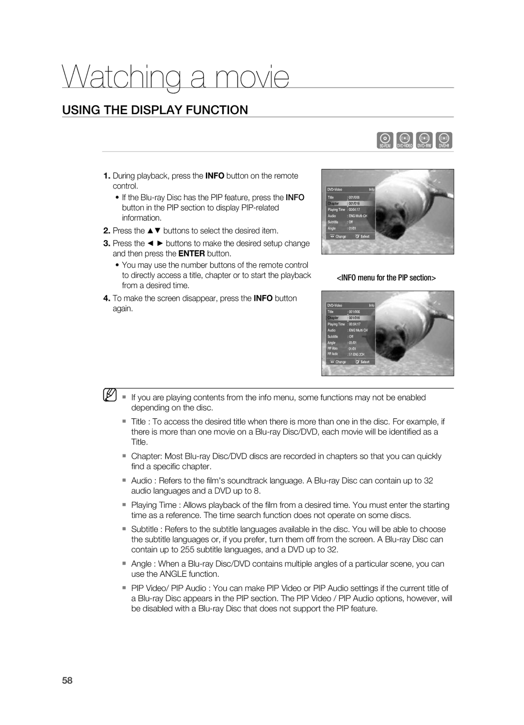 Samsung HT-BD7200T/XAA, HT-BD7200R/EDC manual Watching a movie, USinG thE DiSPlay Function, Info menu for the PIP section 