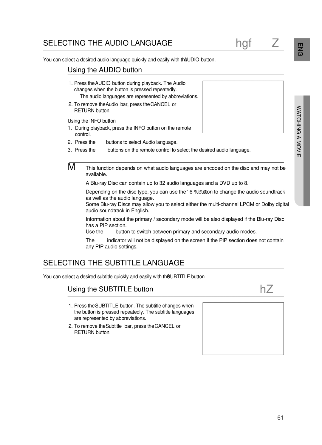 Samsung HT-BD7200T/XAA manual SElEctinG thE auDio lanGuaGE, SElEctinG thE SuBtitlE lanGuaGE, Using the auDio button 