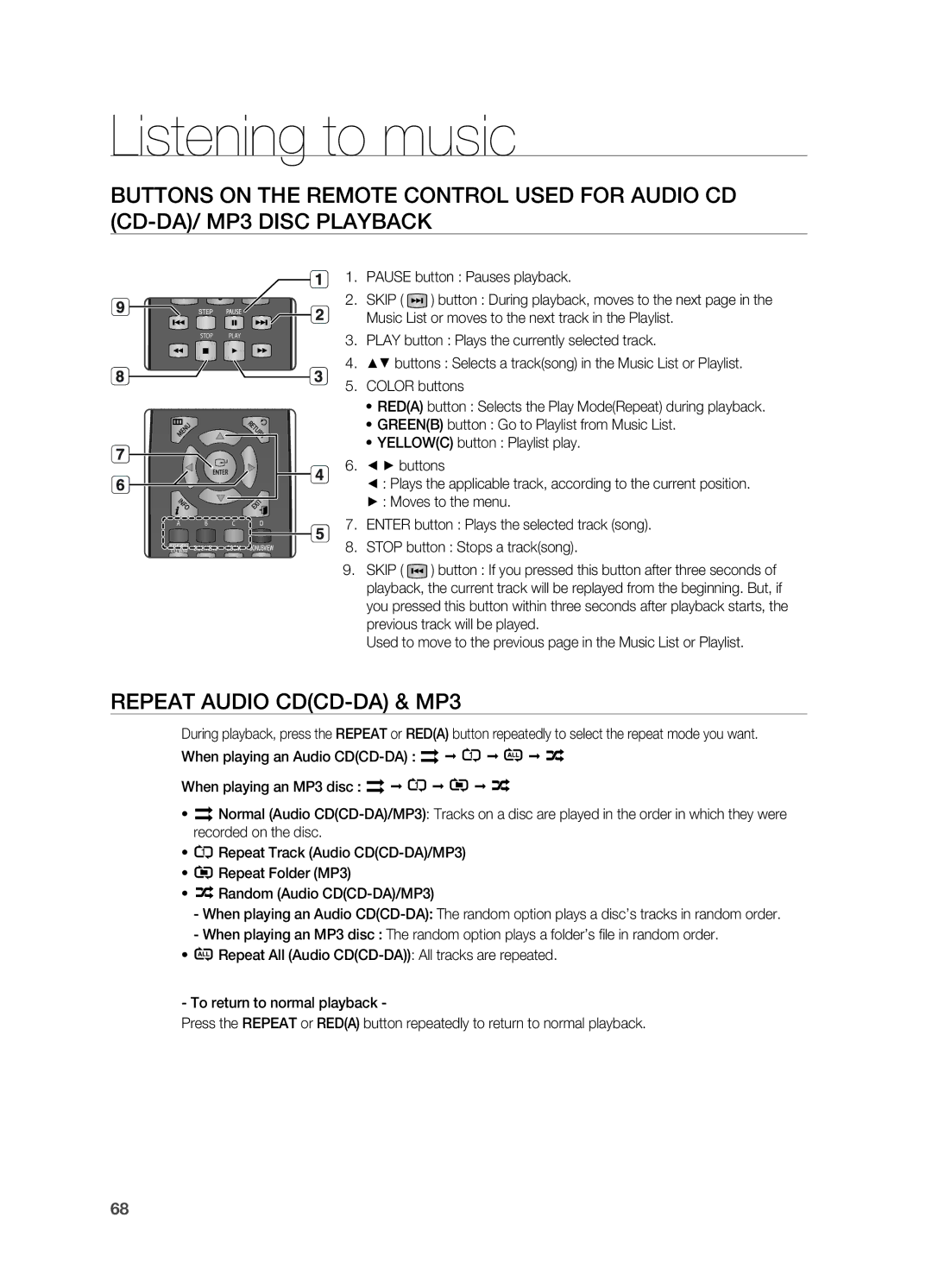 Samsung HT-BD7200R/XEE, HT-BD7200R/EDC, HT-BD7200T/XAA manual Listening to music, Repeat Audio CDCD-DA & MP3 