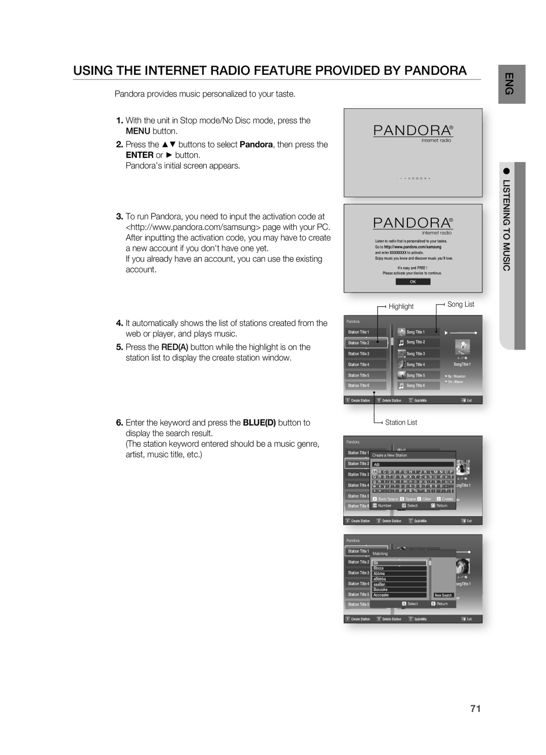 Samsung HT-BD7200R/XEE, HT-BD7200R/EDC, HT-BD7200T/XAA manual USinG thE intERnEt RaDio FEatuRE PRoviDED By PanDoRa 