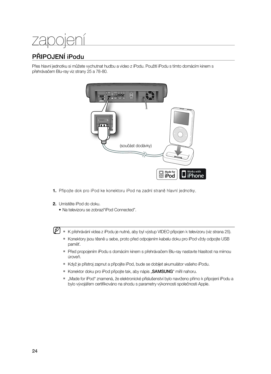 Samsung HT-BD7200R/EDC, HT-BD7200T/XAA manual Připojení iPodu 