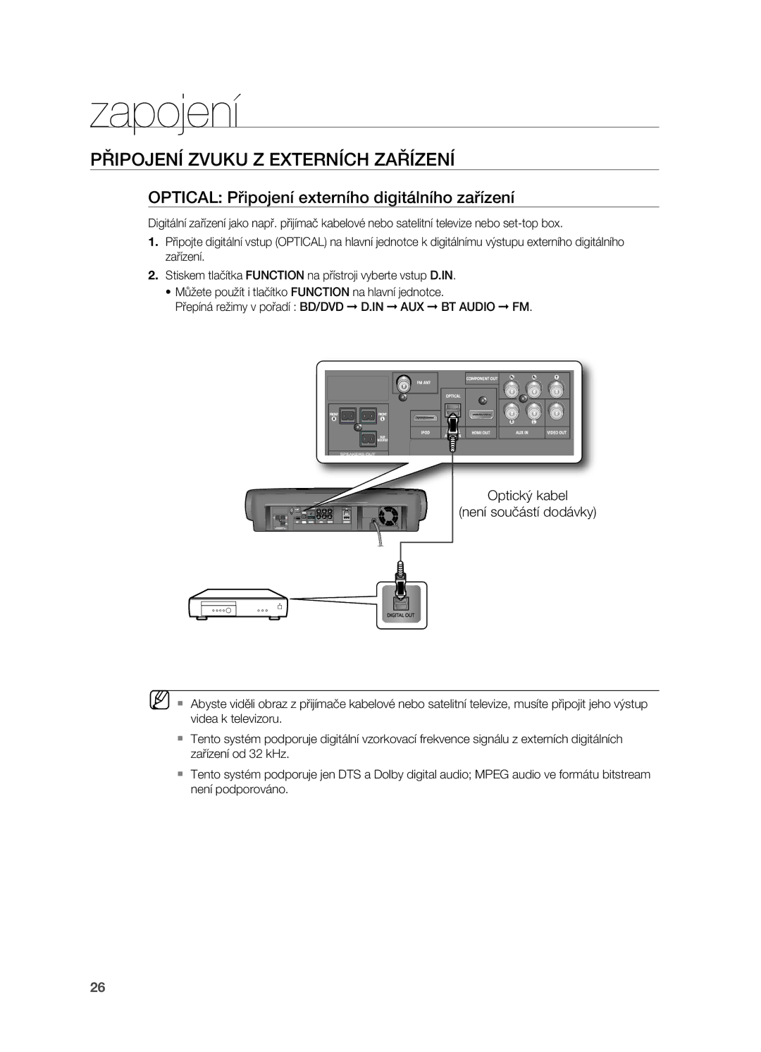 Samsung HT-BD7200R/EDC manual Připojení Zvuku Z Externích Zařízení, Optical Připojení externího digitálního zařízení 