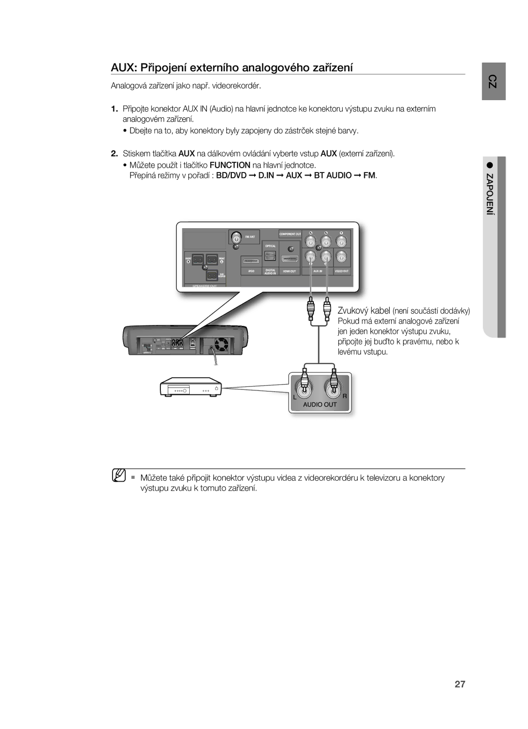 Samsung HT-BD7200T/XAA, HT-BD7200R/EDC manual AUX Připojení externího analogového zařízení, Zapojení 