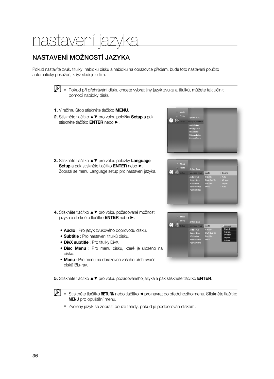 Samsung HT-BD7200R/EDC manual Nastavení jazyka, Nastavení Možností Jazyka, Stiskněte tlačítko pro volbu požadované možnosti 