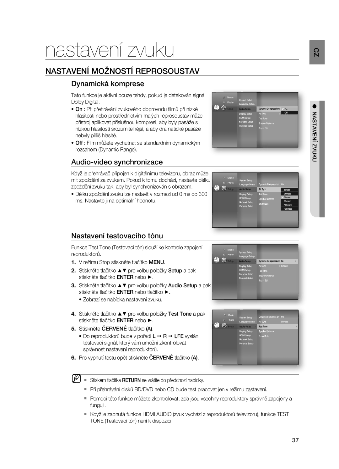 Samsung HT-BD7200T/XAA Nastavení zvuku, NastaveNí možNostí reprosoustav, Dynamická komprese, Nastavení testovacího tónu 