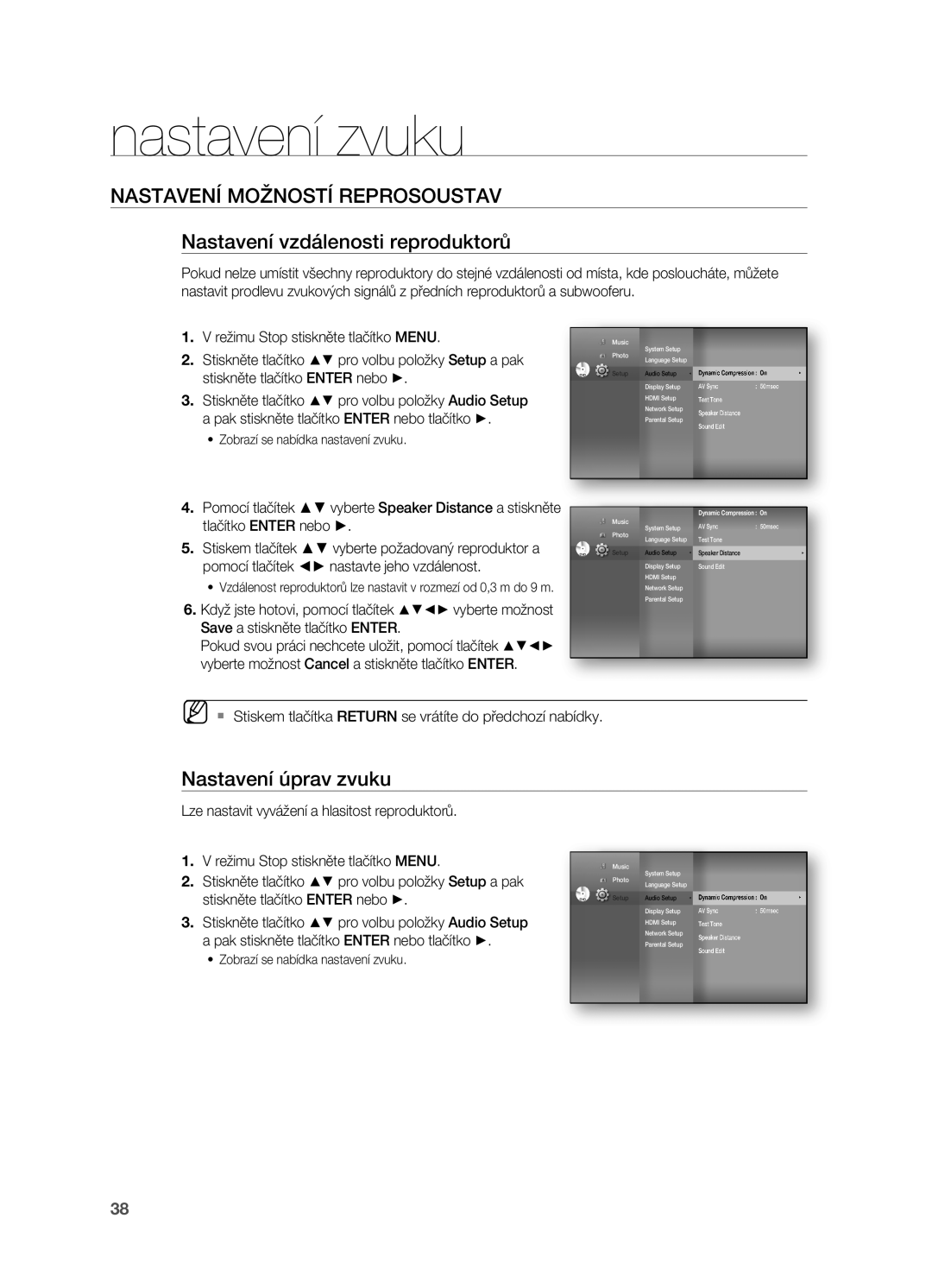 Samsung HT-BD7200R/EDC, HT-BD7200T/XAA manual Nastavení vzdálenosti reproduktorů, Nastavení úprav zvuku 