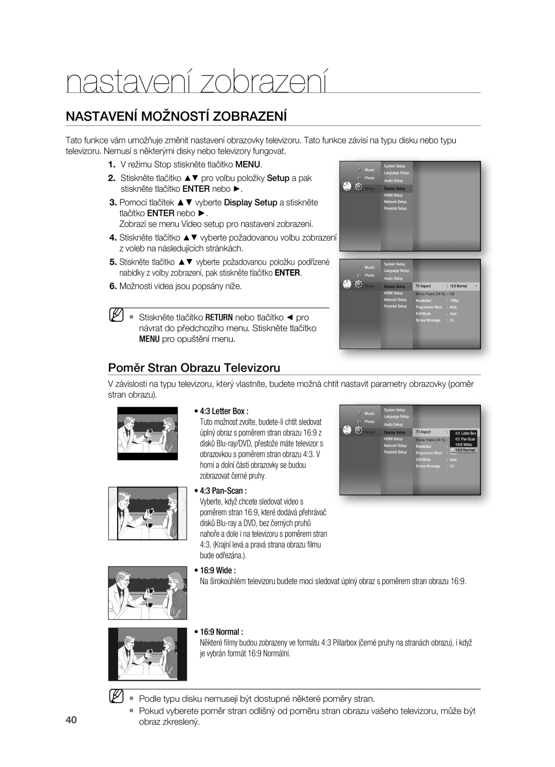 Samsung HT-BD7200R/EDC manual Nastavení zobrazení, NastaveNí možNostí zobrazeNí, Poměr stran obrazu televizoru, Letter Box 