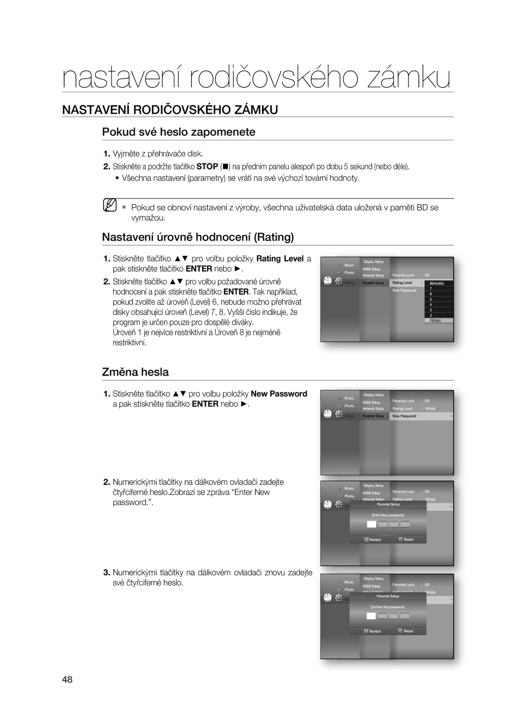 Samsung HT-BD7200R/EDC manual Nastavení rodičovského zámku, Pokud své heslo zapomenete, Nastavení úrovně hodnocení rating 