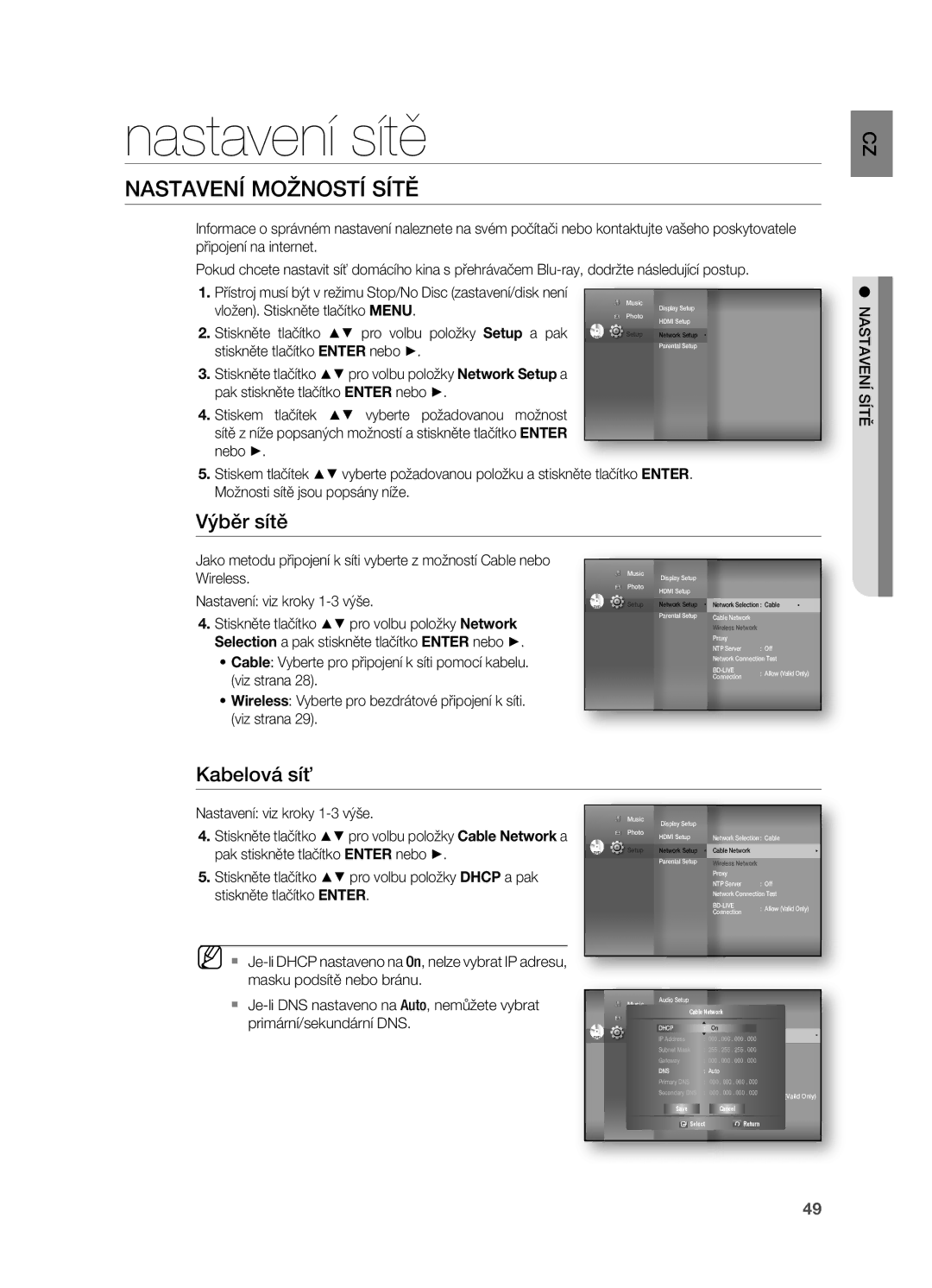 Samsung HT-BD7200T/XAA, HT-BD7200R/EDC manual Nastavení sítě, NastaveNí možNostí sítĚ, Výběr sítě, Kabelová síť 