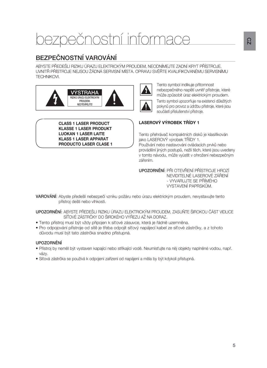 Samsung HT-BD7200T/XAA manual Bezpečnostní informace, Bezpečnostní varování, Tento symbol indikuje přítomnost, Upozornění 