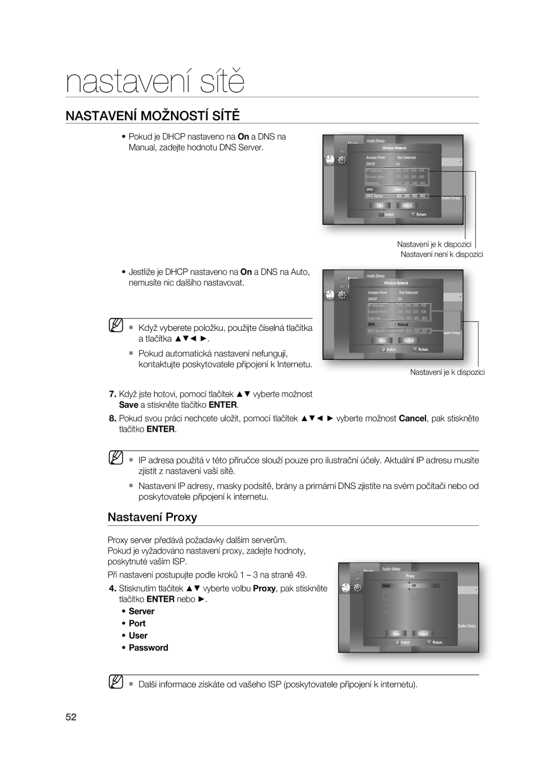 Samsung HT-BD7200R/EDC, HT-BD7200T/XAA manual Nastavení proxy, Nastavení je k dispozici 