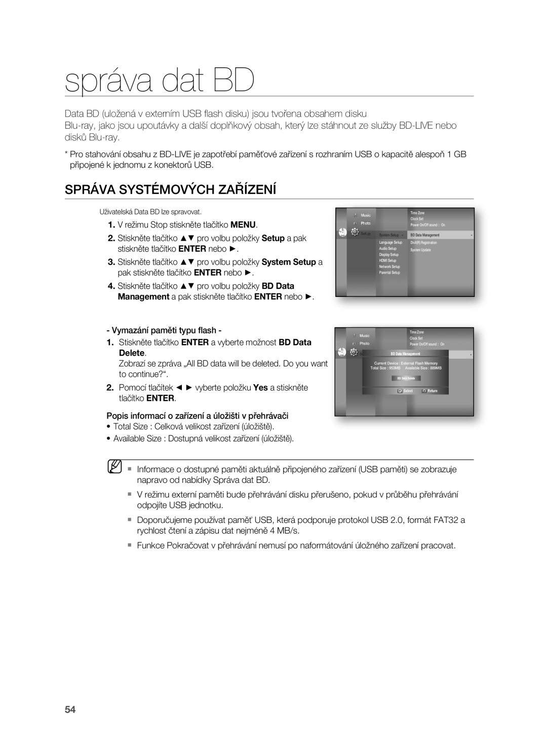 Samsung HT-BD7200R/EDC, HT-BD7200T/XAA manual Správa dat BD, SprÁva sYstÉmovýCH zaŘízeNí 