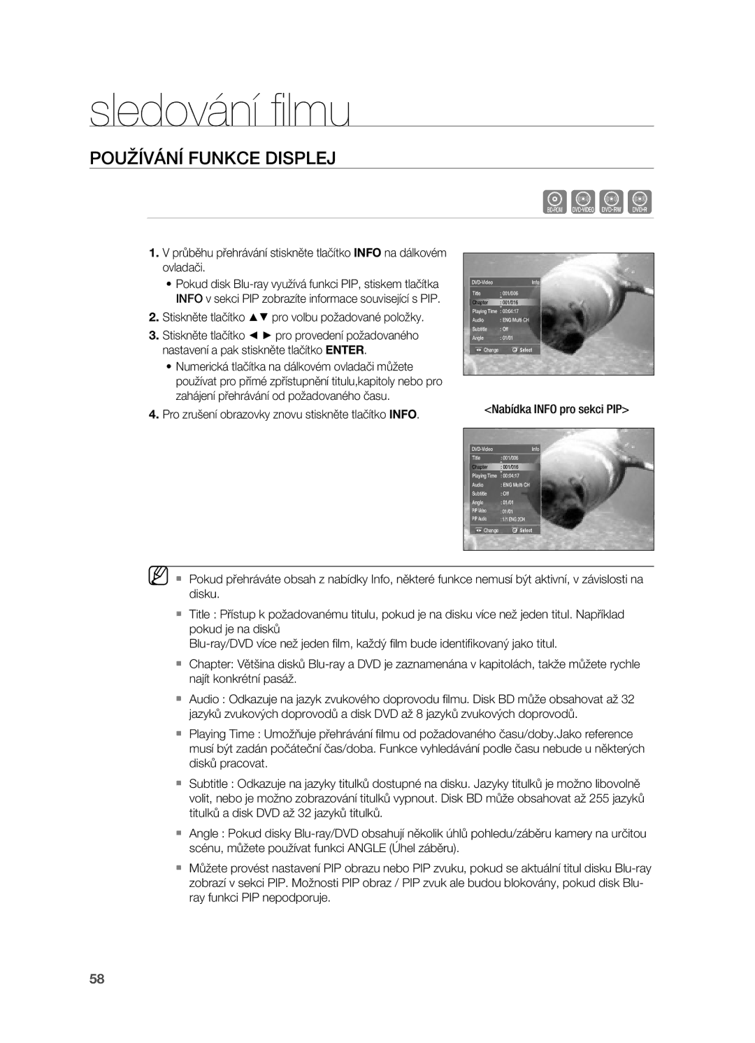 Samsung HT-BD7200R/EDC manual Sledování ﬁ lmu, Používání funkce disPlej, Stiskněte tlačítko pro volbu požadované položky 