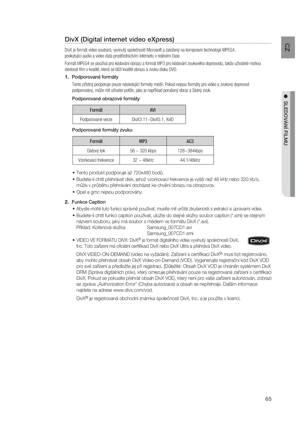 Samsung HT-BD7200T/XAA, HT-BD7200R/EDC manual DivX Digital internet video eXpress, Avi 