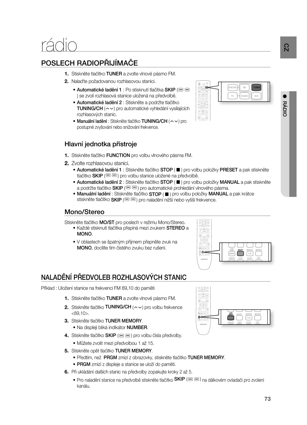 Samsung HT-BD7200T/XAA Rádio, Poslech Radiopřijímače, Naladění Předvoleb Rozhlasových Stanic, Hlavní jednotka přístroje 