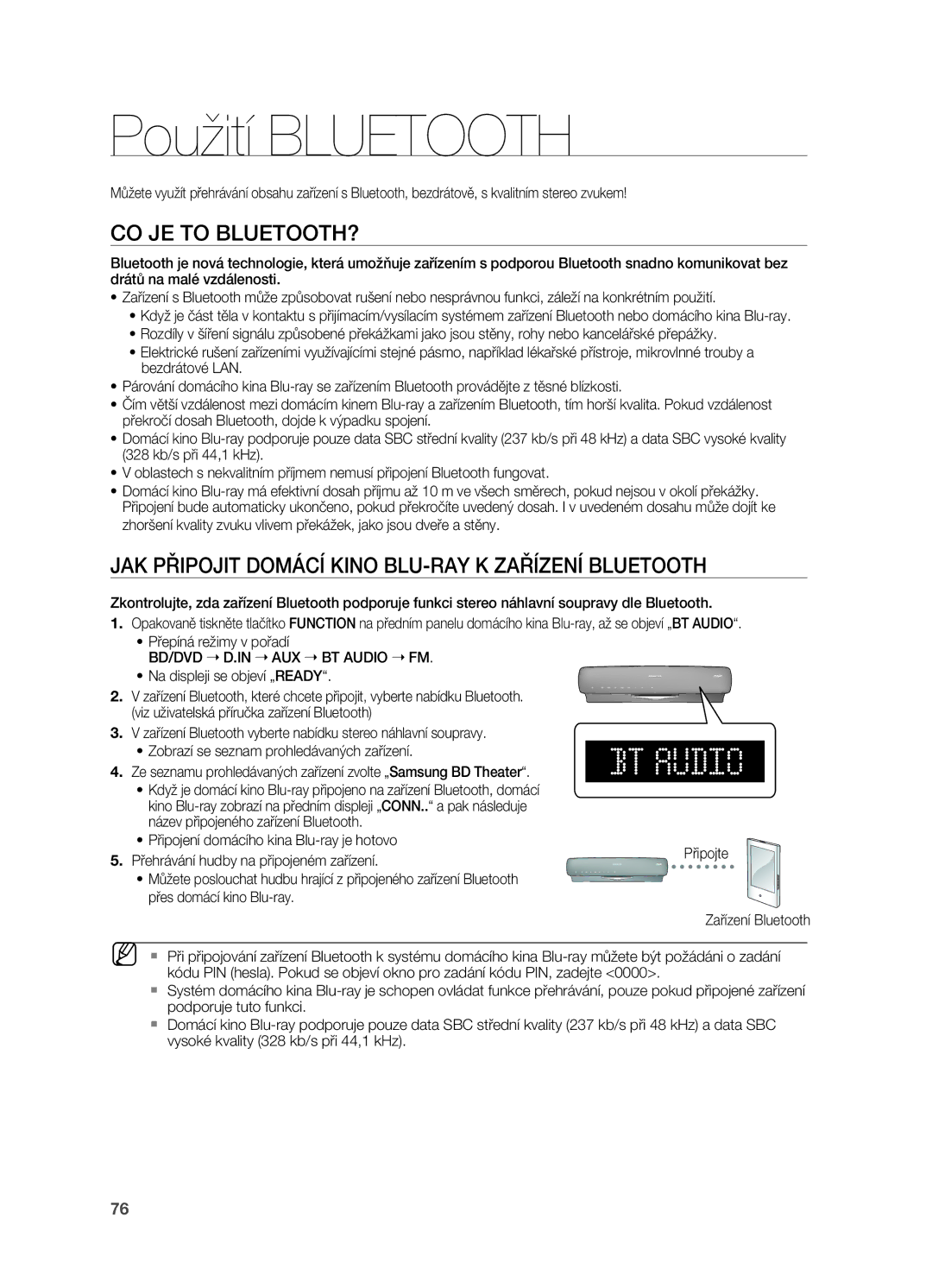 Samsung HT-BD7200R/EDC manual Použití Bluetooth, Co je to BLUETOOTH?, JAK Připojit Domácí Kino BLU-RAY K Zařízení Bluetooth 