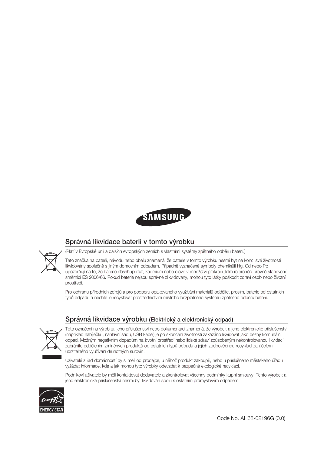 Samsung HT-BD7200T/XAA, HT-BD7200R/EDC manual Správná likvidace baterií v tomto výrobku, Code No. AH68-02196G 